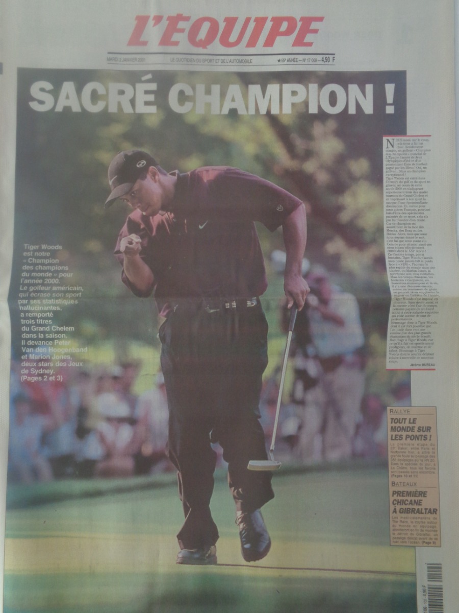 Journal l'équipe 02/01/2001 Sacré champion Tiger Woods - Golf - Journal L'Équipe authentique - Revue Vintage