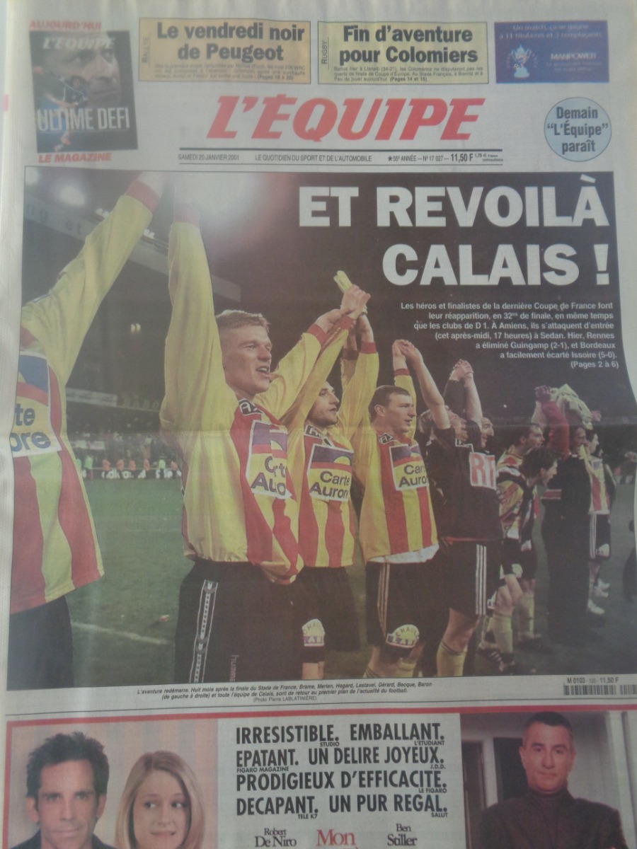 Journal l'équipe 20/01/2001 Et revoilà Calais 32eme finale contre Sedan - Coupe de France - Football - Journal L'Équipe authentique - Revue Vintage