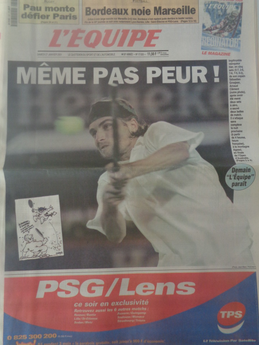 Journal l'équipe 27/01/2001 Même pas peur ! Sébastien Grojean - Tennis - Journal L'Équipe authentique - Revue Vintage