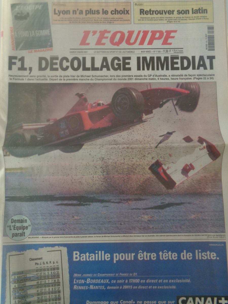 Journal l'équipe 03/03/2001 F1 décollage immédiat - M.Schumacher - GP d'Australie - Formule 1 - Journal L'Équipe authentique - Revue Vintage
