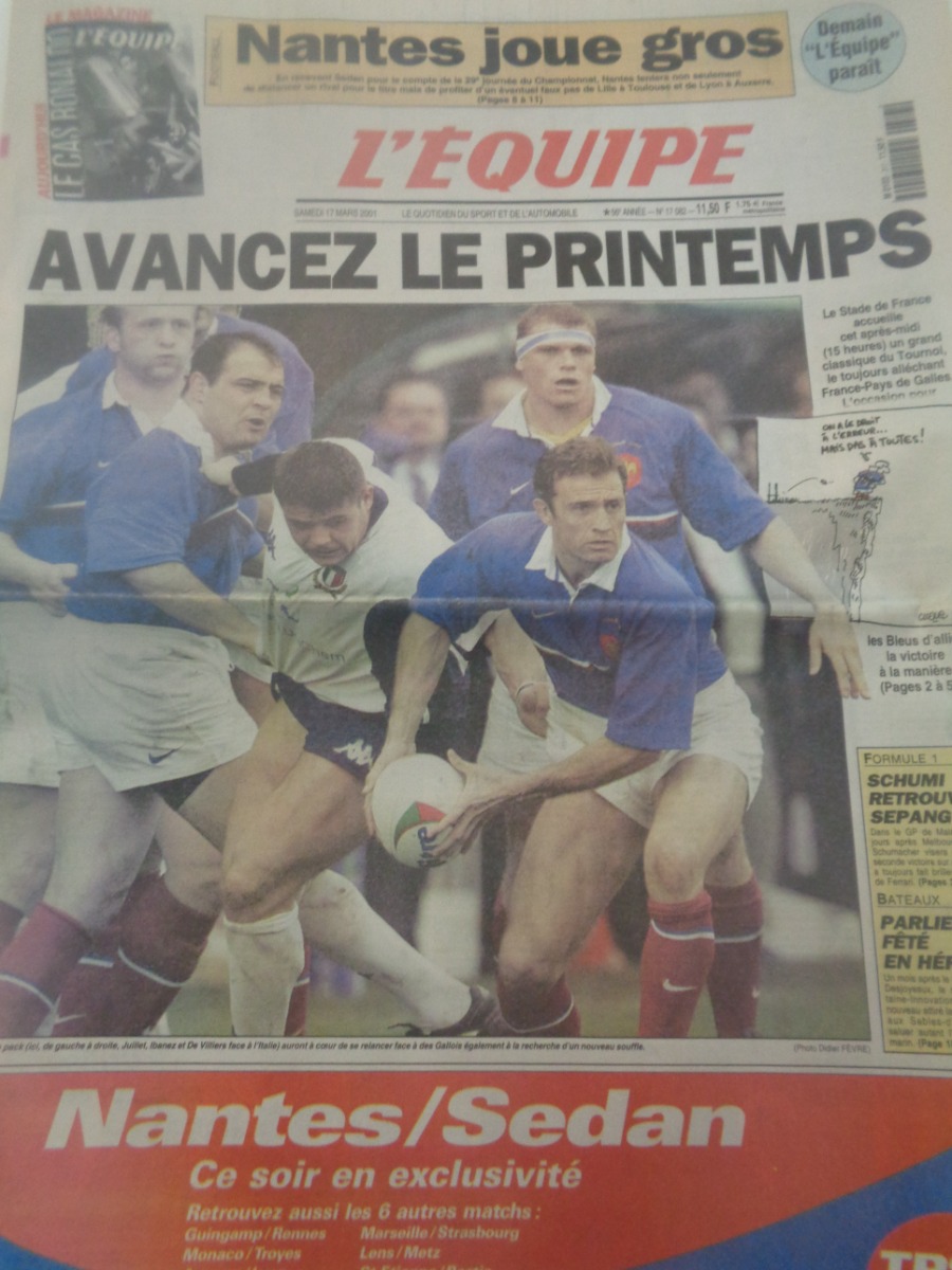 Journal l'équipe 17/03/2001 Avencez le printemps - France / Pays de Galles - Tournois des Six Nations - rugby - Journal L'Équipe authentique - Revue Vintage