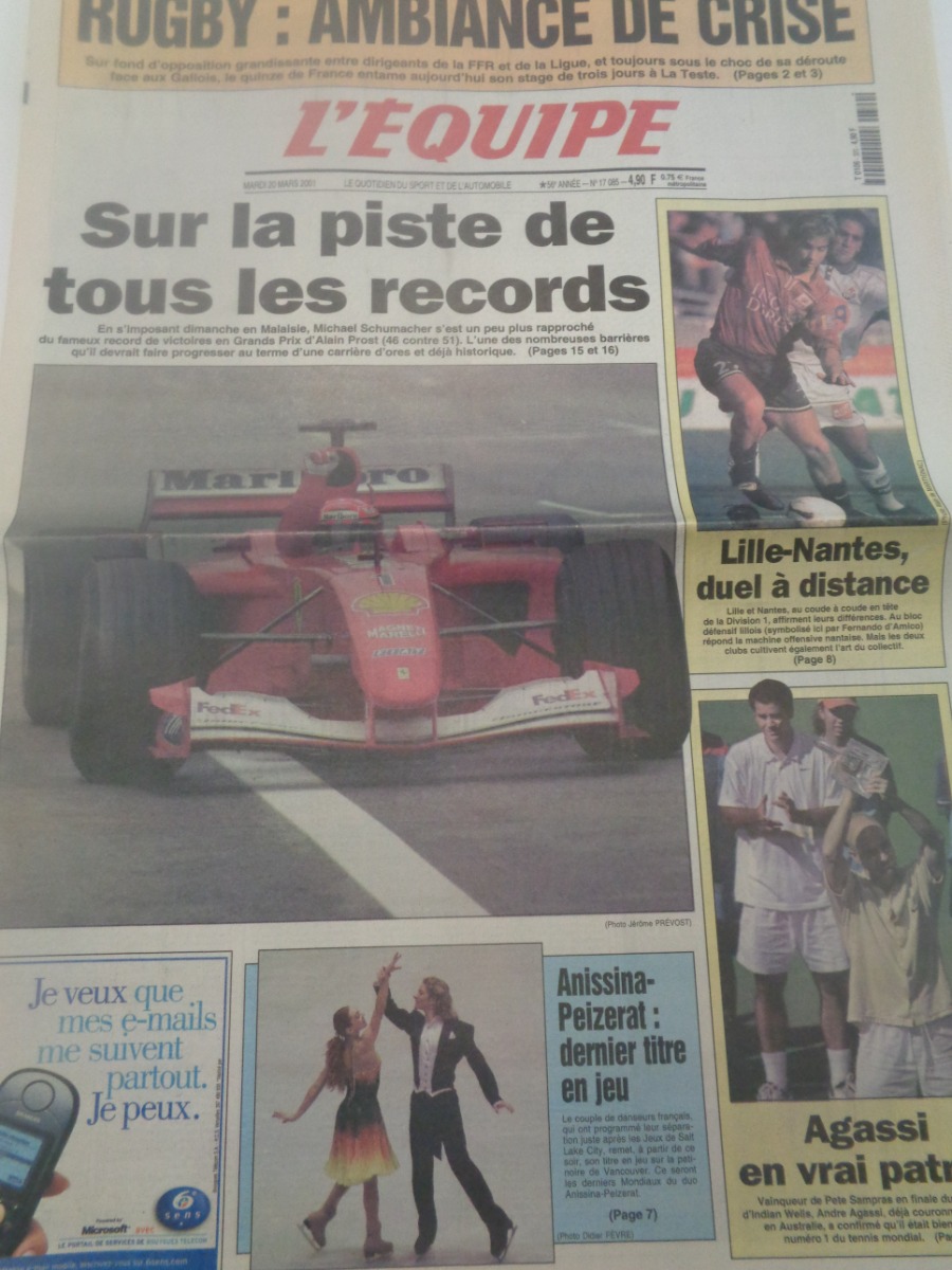 Journal l'équipe 20/03/2001 Sur la piste de tous les records - M.Schumacher 46 victoires en GP - Formule 1 - Journal L'Équipe authentique - Revue Vintage