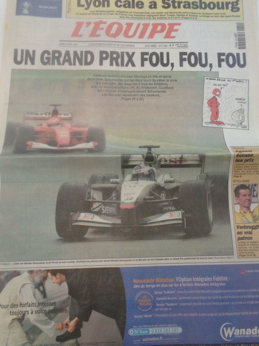 Journal l'équipe 02/04/2001 Un grand prix fou, fou, fou, Häkkinen - Montoya - Schumacher - Formule 1 - Journal L'Équipe authentique - Revue Vintage