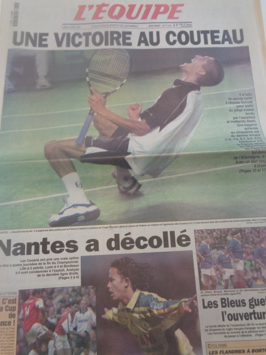 Journal l'équipe 09/04/2001 Nicolas Escudé une victoire au couteau - Coupe Davis - tennis - Journal L'Équipe authentique - Revue Vintage
