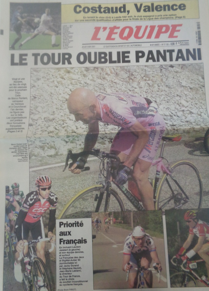 Journal l'équipe 03/05/2001 Le Tour de France oublie Marco Pantani - le pirate - cyclisme - Journal L'Équipe authentique - Revue Vintage