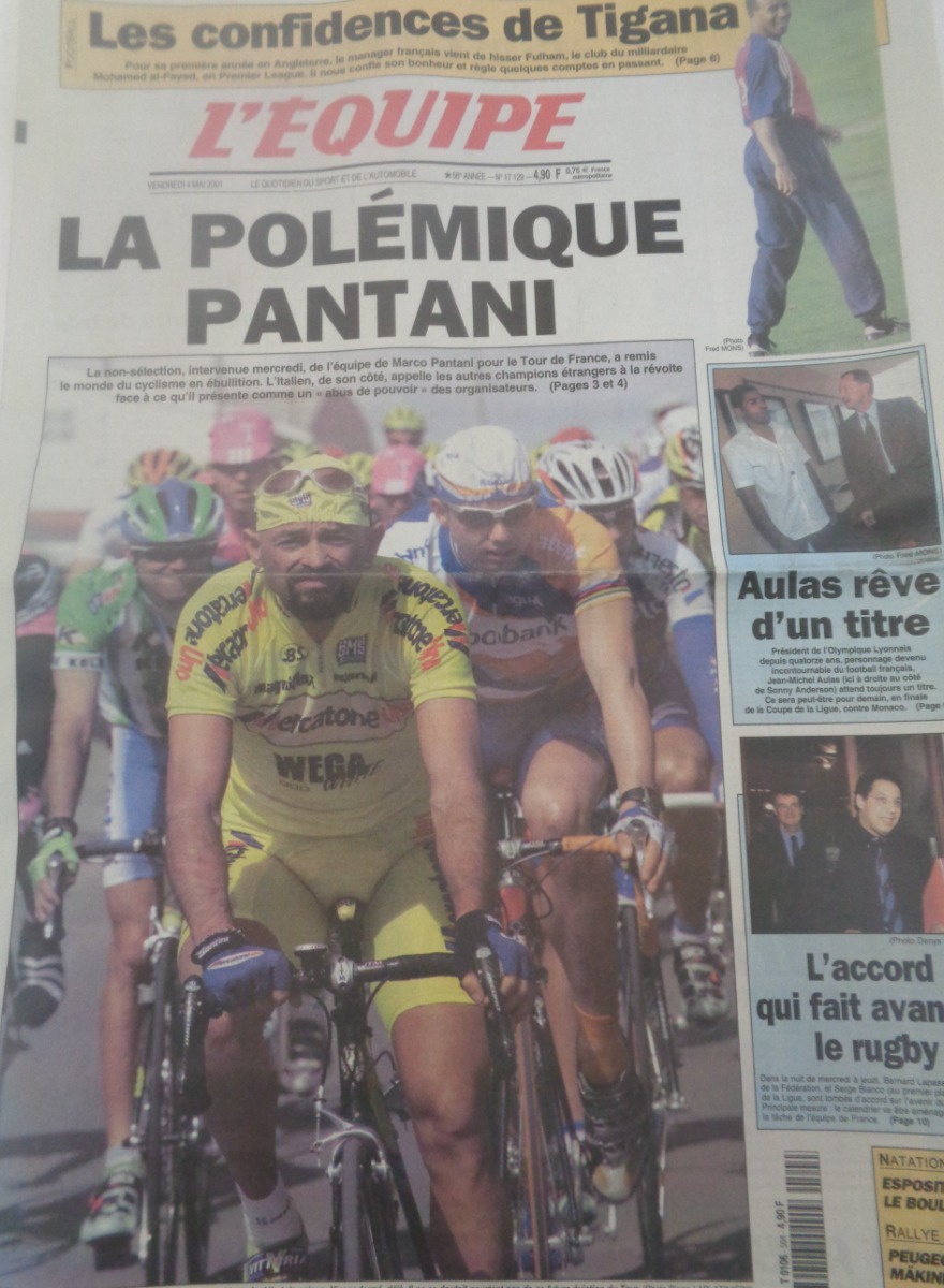 Journal l'équipe 04/05/2001 Tour de France - la polémique Marco Pantani - le pirate - cyclisme - Journal L'Équipe authentique - Revue Vintage