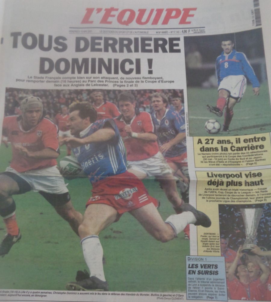 Journal l'équipe 18/05/2001 Tous derrière C. Dominici ! Finale de la Coupe d'Europe - Rugby - Journal L'Équipe authentique - Revue Vintage