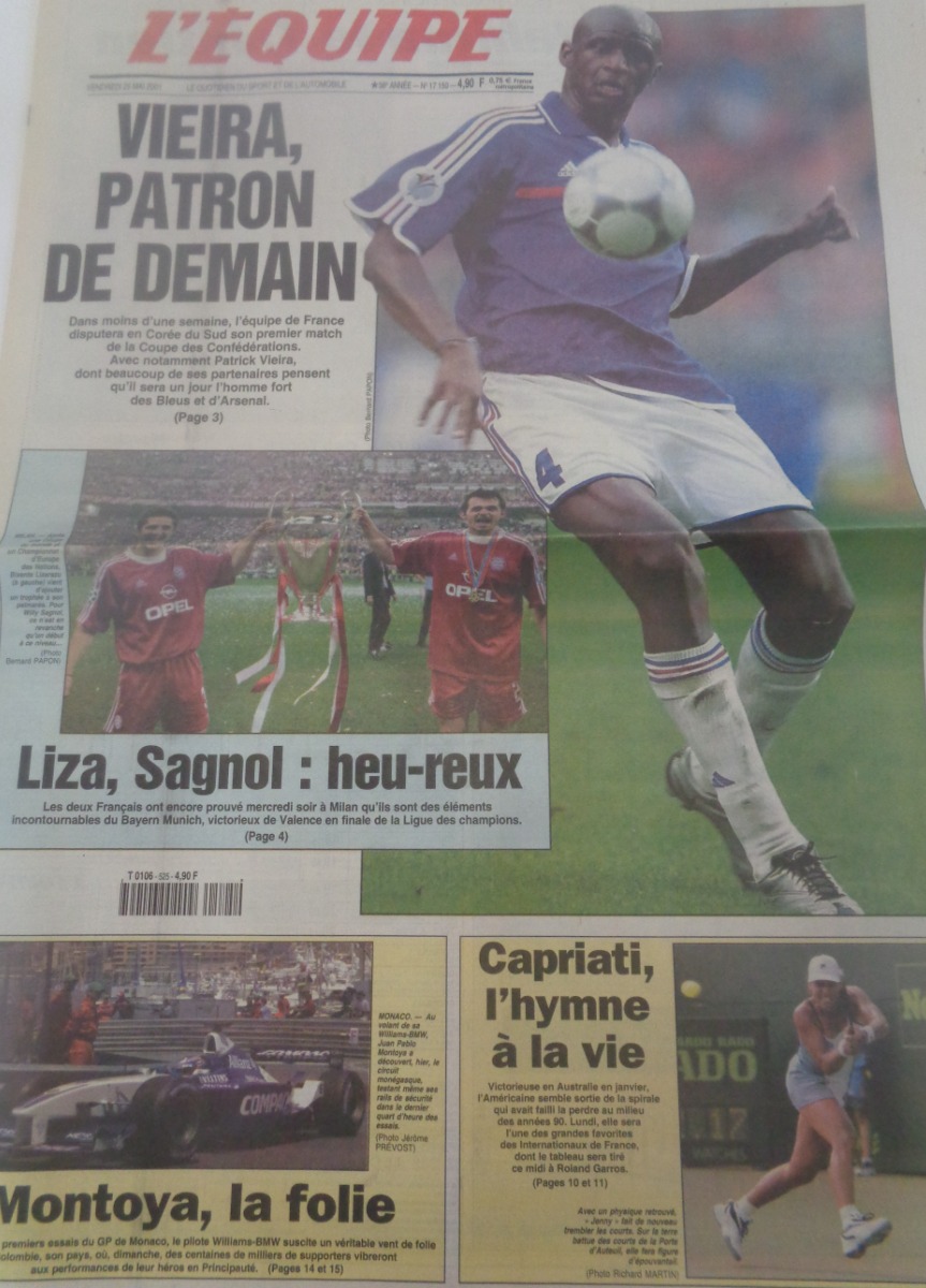Journal l'équipe 25/05/2001 Lizarazu et Sagnol vainqueur de la Ligue des champions - Football - Journal L'Équipe authentique - Revue Vintage