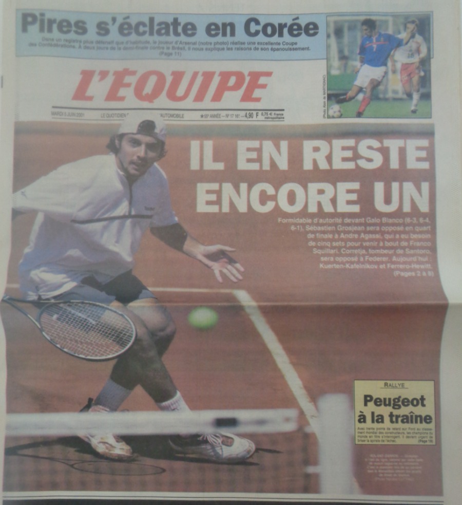 Journal l'équipe 05/06/2001 Sébastien Grosjean - il en reste encore un - Roland Garros - Tennis - Journal L'Équipe authentique - Revue Vintage