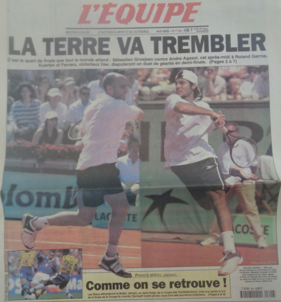 Journal l'équipe 06/06/2001 Grosjean / Agassi - la terre va trembler - Roland Garros - Tennis - Journal L'Équipe authentique - Revue Vintage