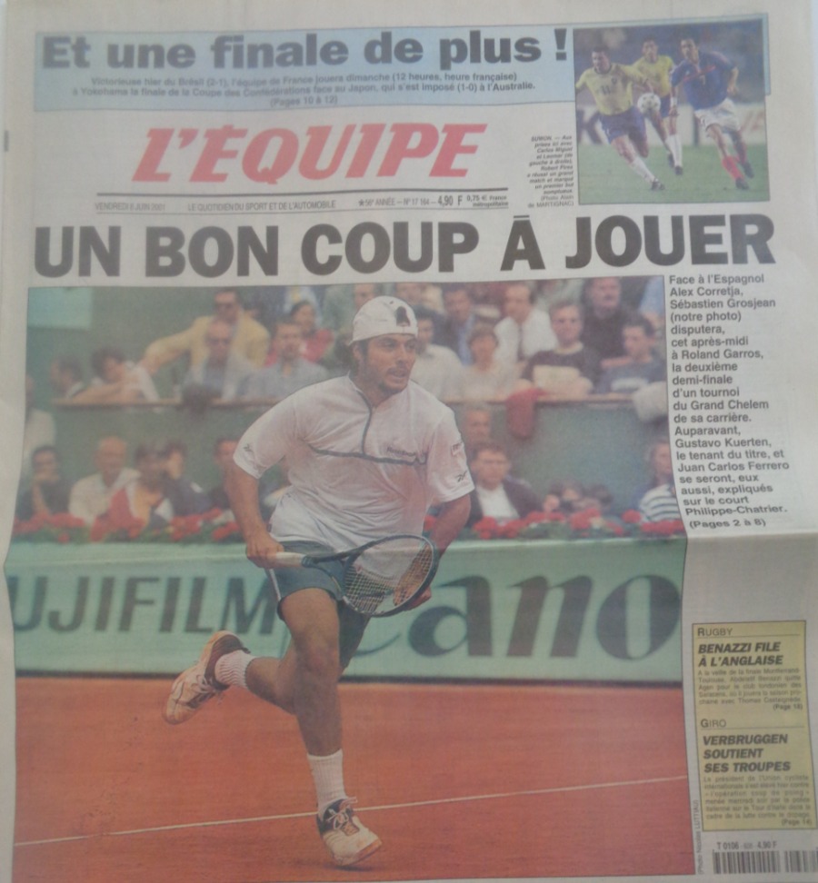 Journal l'équipe 08/06/2001 Grosjean / Corretja - un bon coup à jouer- Roland Garros - Tennis - Journal L'Équipe authentique - Revue Vintage