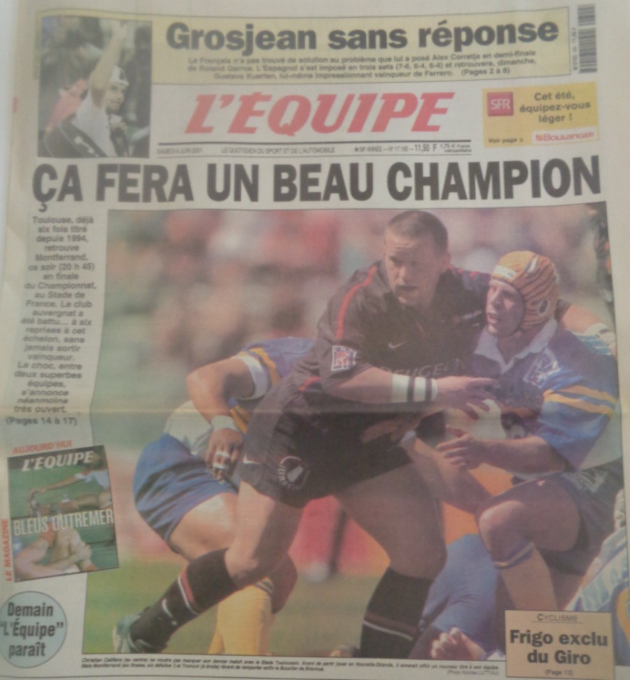 Journal l'équipe 09/06/2001 Toulouse / Montferrand - Finale du championnat de France - Rugby - Journal L'Équipe authentique - Revue Vintage