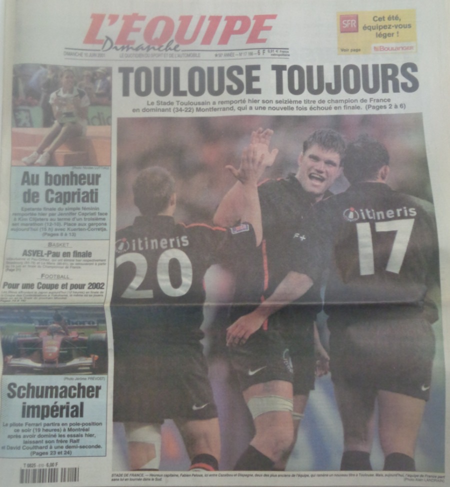 Journal l'équipe 10/06/2001 Le stade toulousain remporte le championnat de France - Rugby - Journal L'Équipe authentique - Revue Vintage