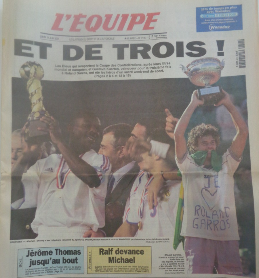 Journal l'équipe 11/06/2001 Et de trois ! les bleus remportent la Coupe des Confédérations - Football - Journal L'Équipe authentique - Revue Vintage