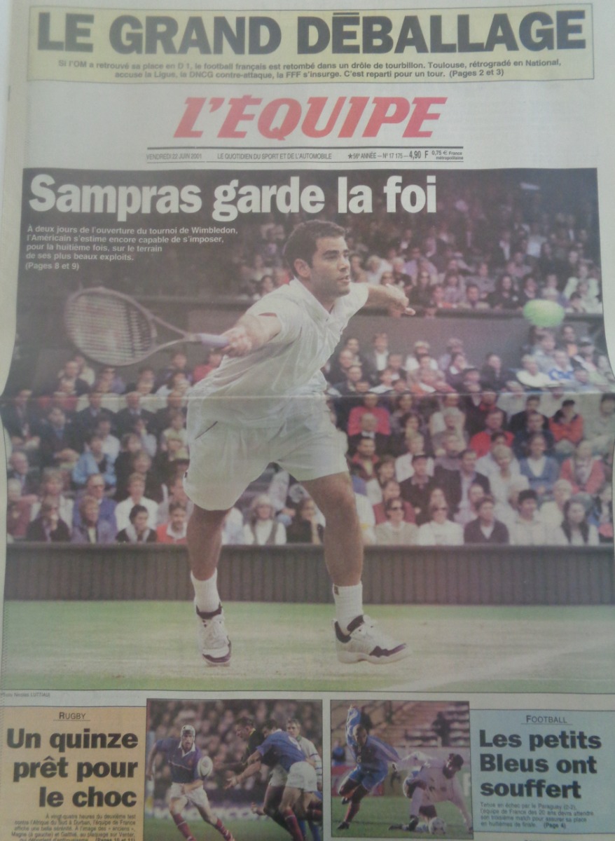 Journal l'équipe 22/06/2001 Sampras garde la foi avant le tournoi de Wimbledon - Tennis - Journal L'Équipe authentique - Revue Vintage