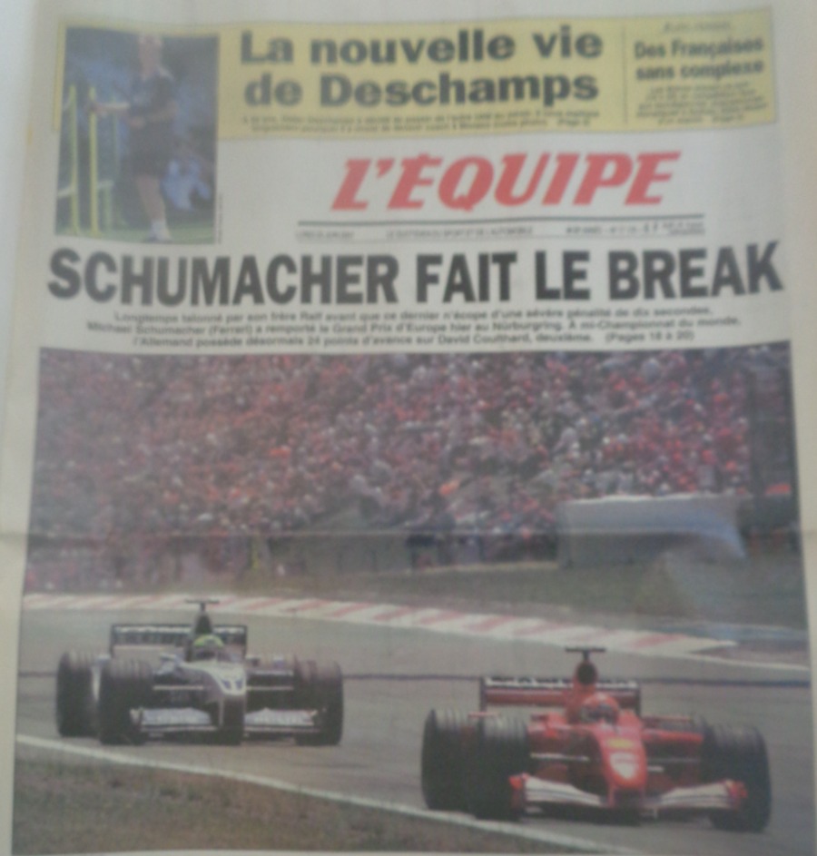 Journal l'équipe 25/06/2001 Schumacher fait le break - remporte le Grand Prix d'Europe - Formule 1 - Journal L'Équipe authentique - Revue Vintage
