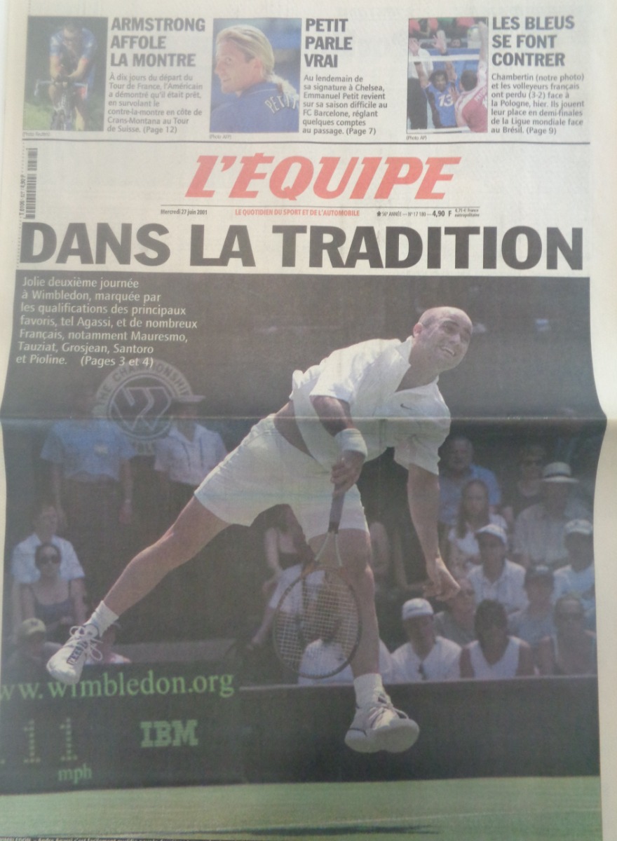 Journal l'équipe 27/06/2001 Wimbledon qualifications Agassi - Mauresmo - Grosjean - Santoro - Pioline - Tennis - Journal L'Équipe authentique - Revue Vintage