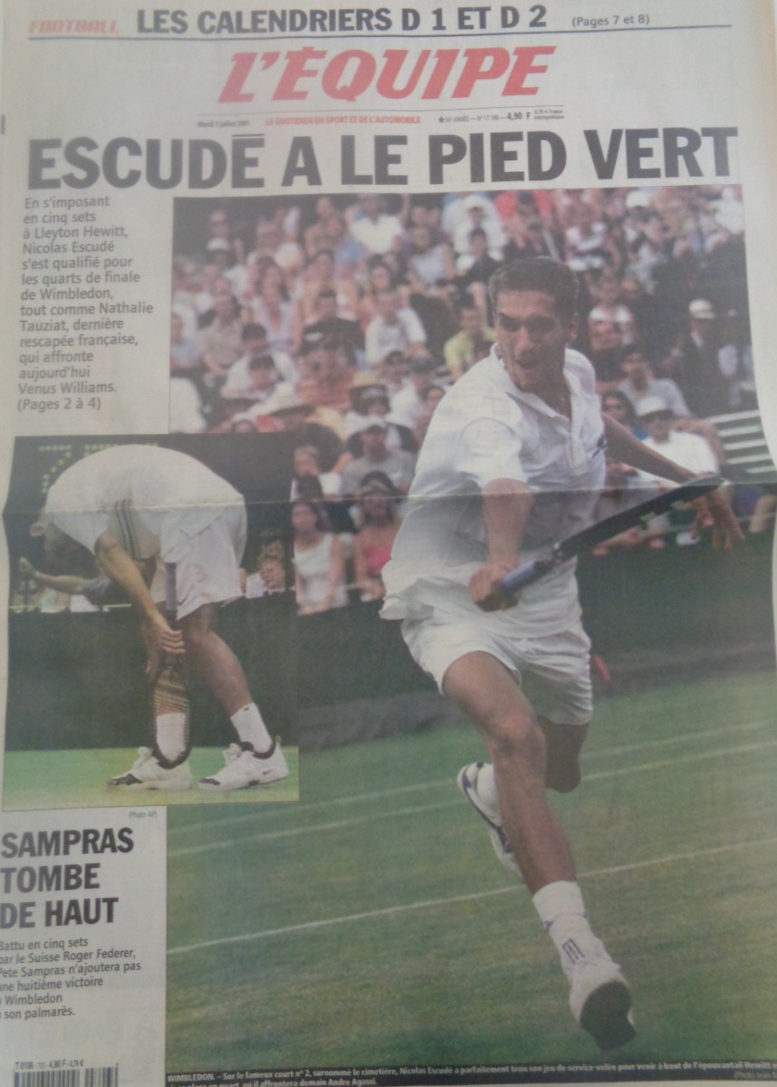 Journal l'équipe 03/07/2001 Escudé qualifié pour les quarts de finale de Wimbledon - Tennis - Journal L'Équipe authentique - Revue Vintage