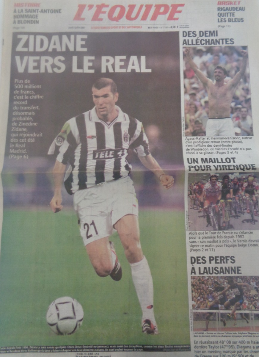 Journal l'équipe 05/07/2001 Zidane signe au Real Madrid !! - Football - Journal L'Équipe authentique - Revue Vintage