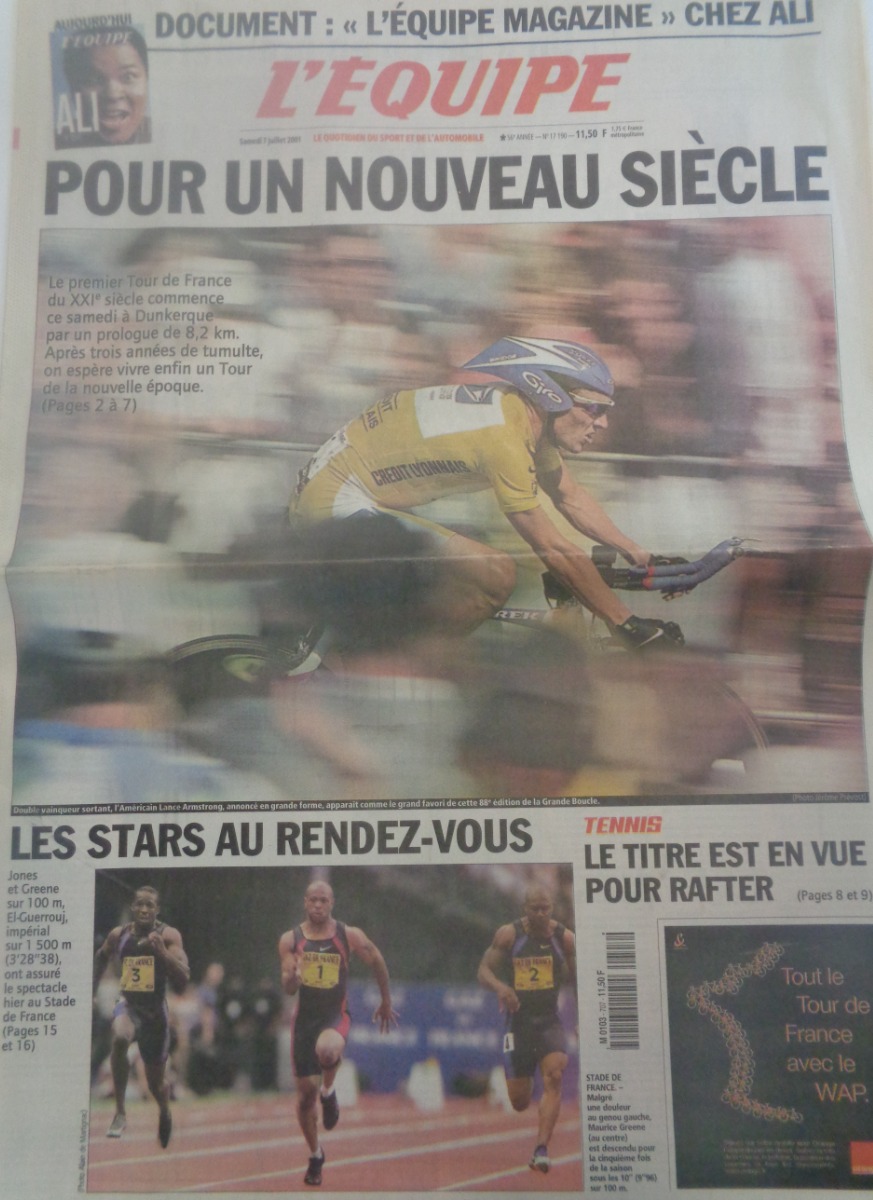 Journal l'équipe 07/07/2001 Pour un nouveau siècle, Lance Armstrong grand favori du Tour de France 2001 - Cyclisme - Journal L'Équipe authentique - Revue Vintage