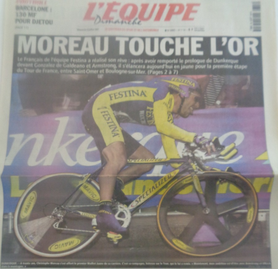 Journal l'équipe 08/07/2001 Moreau touche l'or - Festina - Tour de France - cyclisme - Journal L'Équipe authentique - Revue Vintage