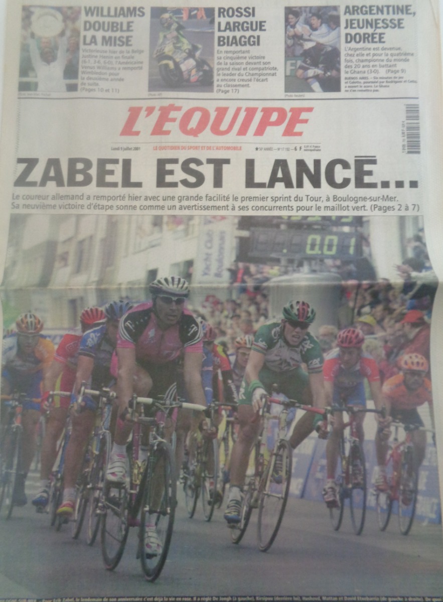 Journal l'équipe 09/07/2001 Zabel est lancé ... Tour de France - cyclisme - Journal L'Équipe authentique - Revue Vintage