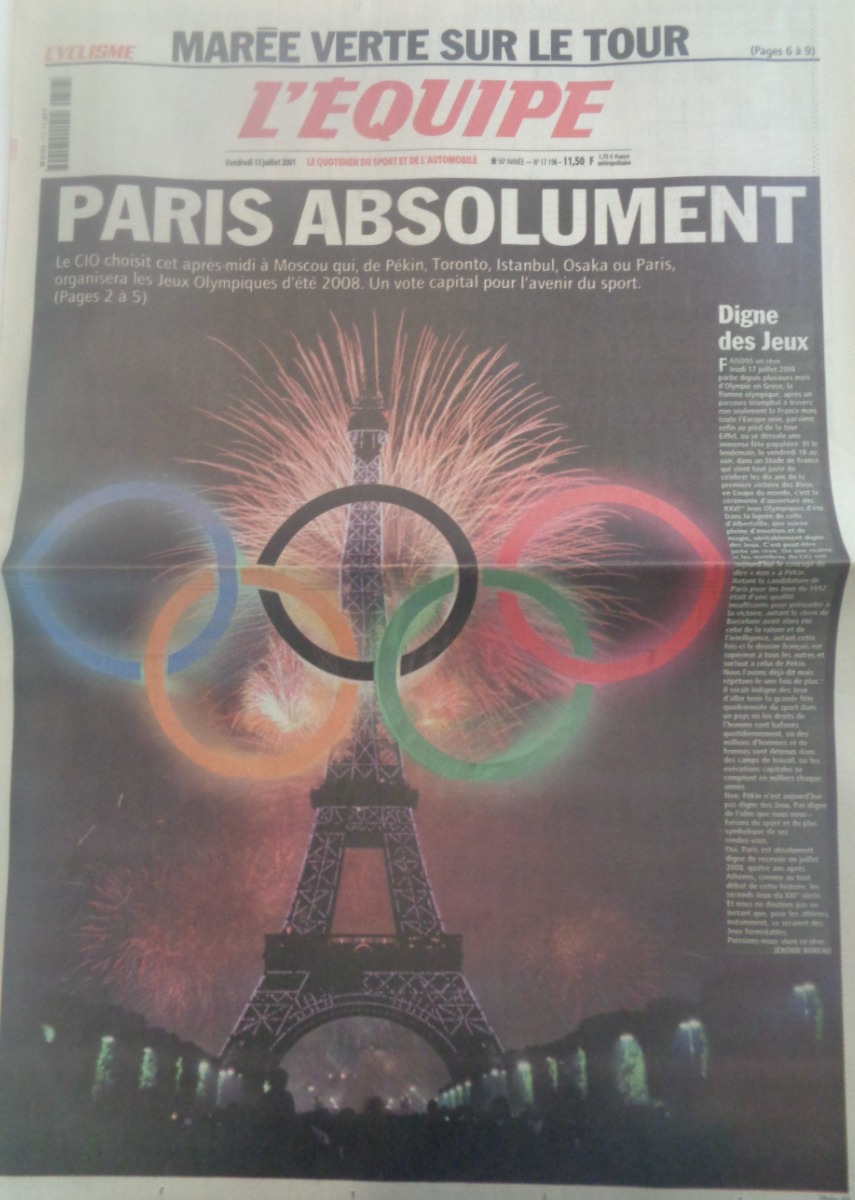 Journal l'équipe 13/07/2001 Paris absolument - le CIO choisit les Jeux Olympiques - Journal L'Équipe authentique - Revue Vintage