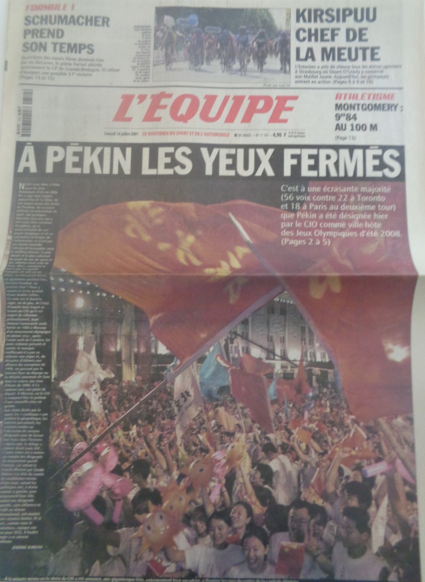 Journal l'équipe 14/07/2001 Pékin pour les Jeux Olympiques 2008 - Journal L'Équipe authentique - Revue Vintage