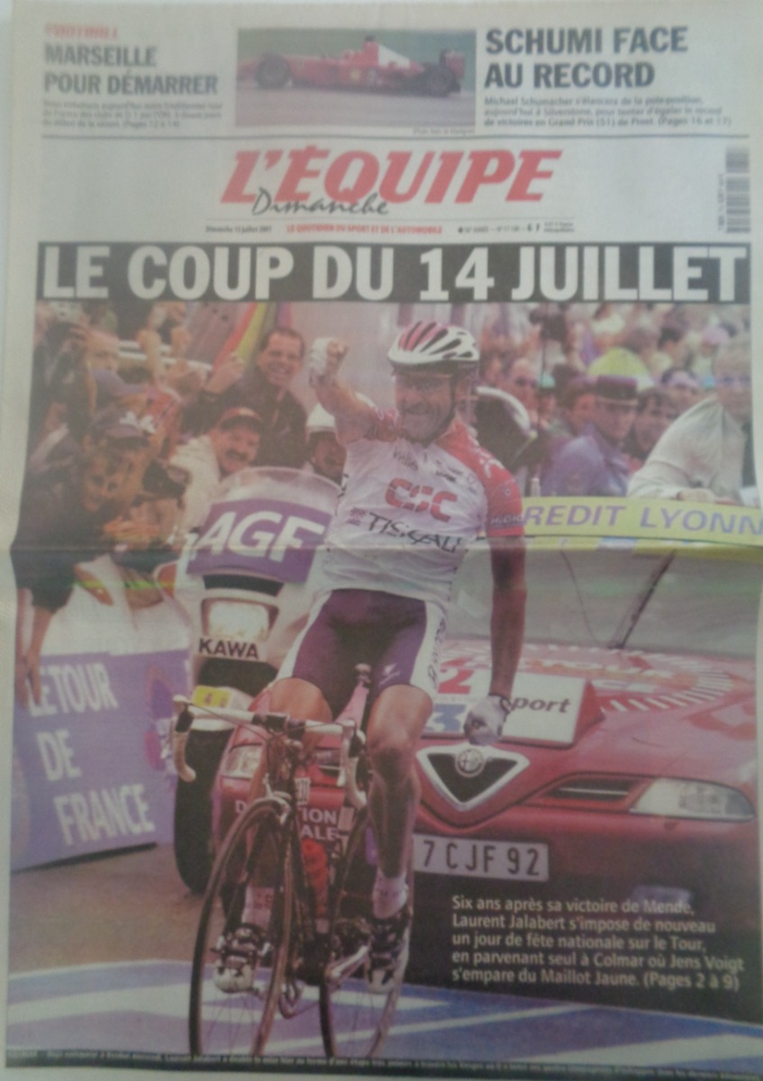 Journal l'équipe 15/07/2001 Laurent Jalabert Le coup du 14 juillet - Tour de France - Cyclisme - Journal L'Équipe authentique - Revue Vintage