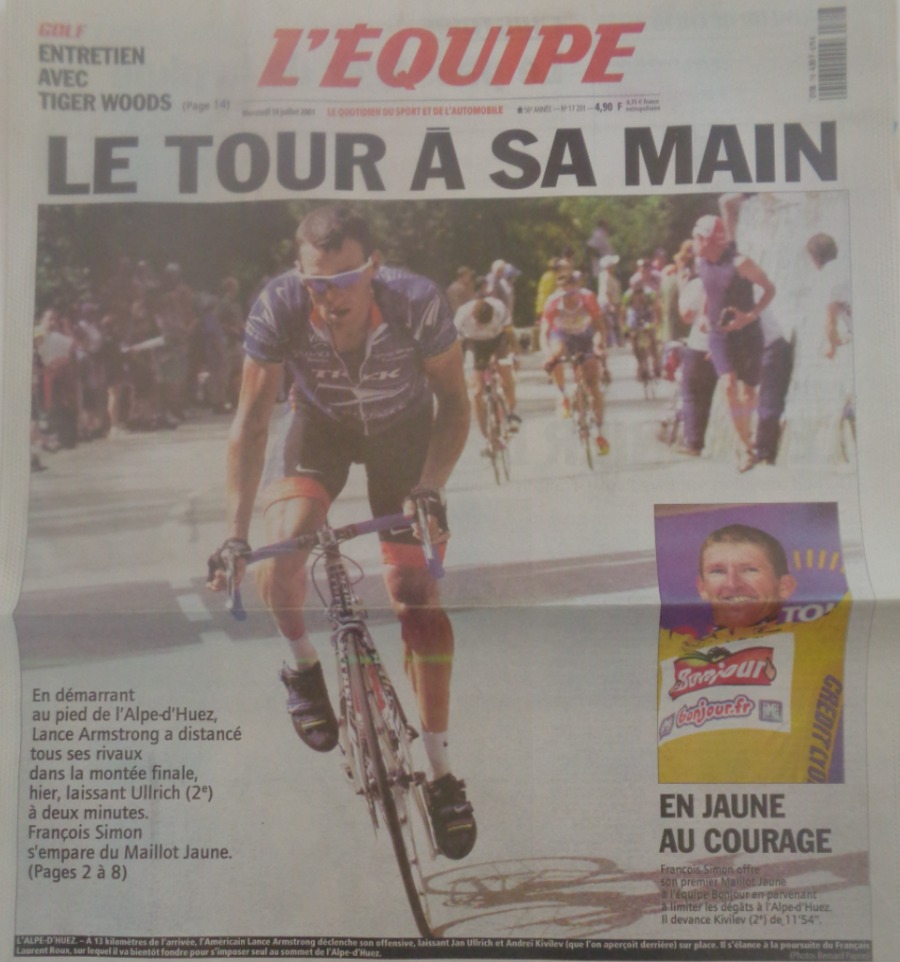 Journal l'équipe 18/07/2001 Le Tour à sa main - Lance Armstrong - Tour de France - Cyclisme - Journal L'Équipe authentique - Revue Vintage
