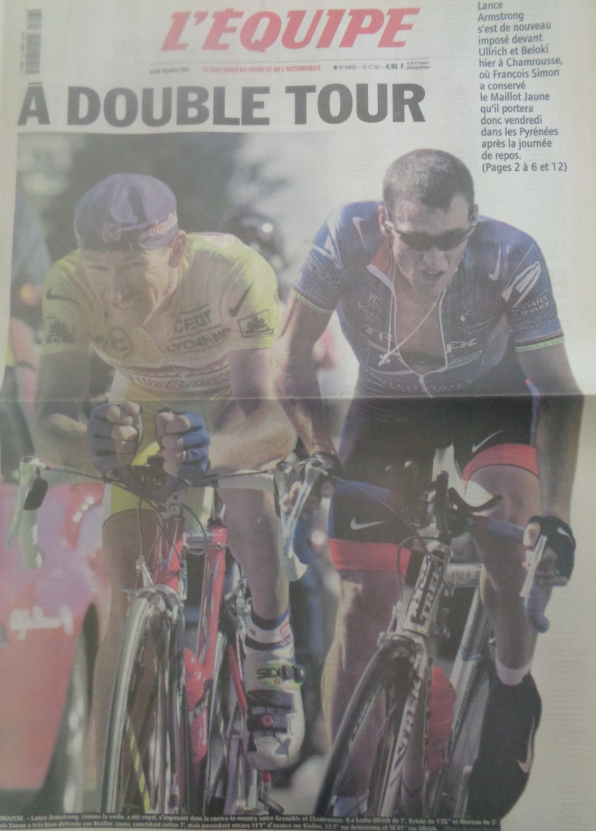 Journal l'équipe 19/07/2001 a double Tour - Lance Armstrong - Tour de France - Cyclisme - Journal L'Équipe authentique - Revue Vintage
