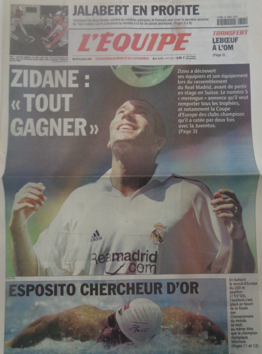 Journal l'équipe 24/07/2001 Zidane au Real Madrid - Football - Journal L'Équipe authentique - Revue Vintage