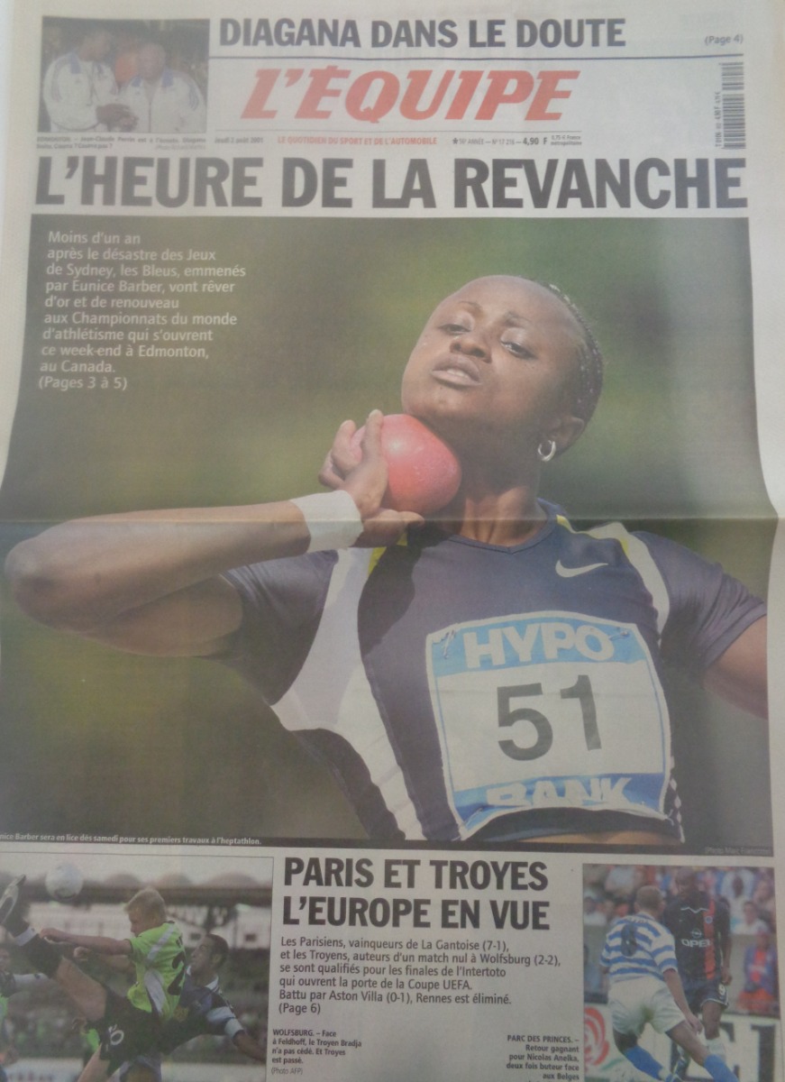 Journal l'équipe 02/08/2001 Eunice Barber - Championnats du Monde d'athlétisme - Journal L'Équipe authentique - Revue Vintage