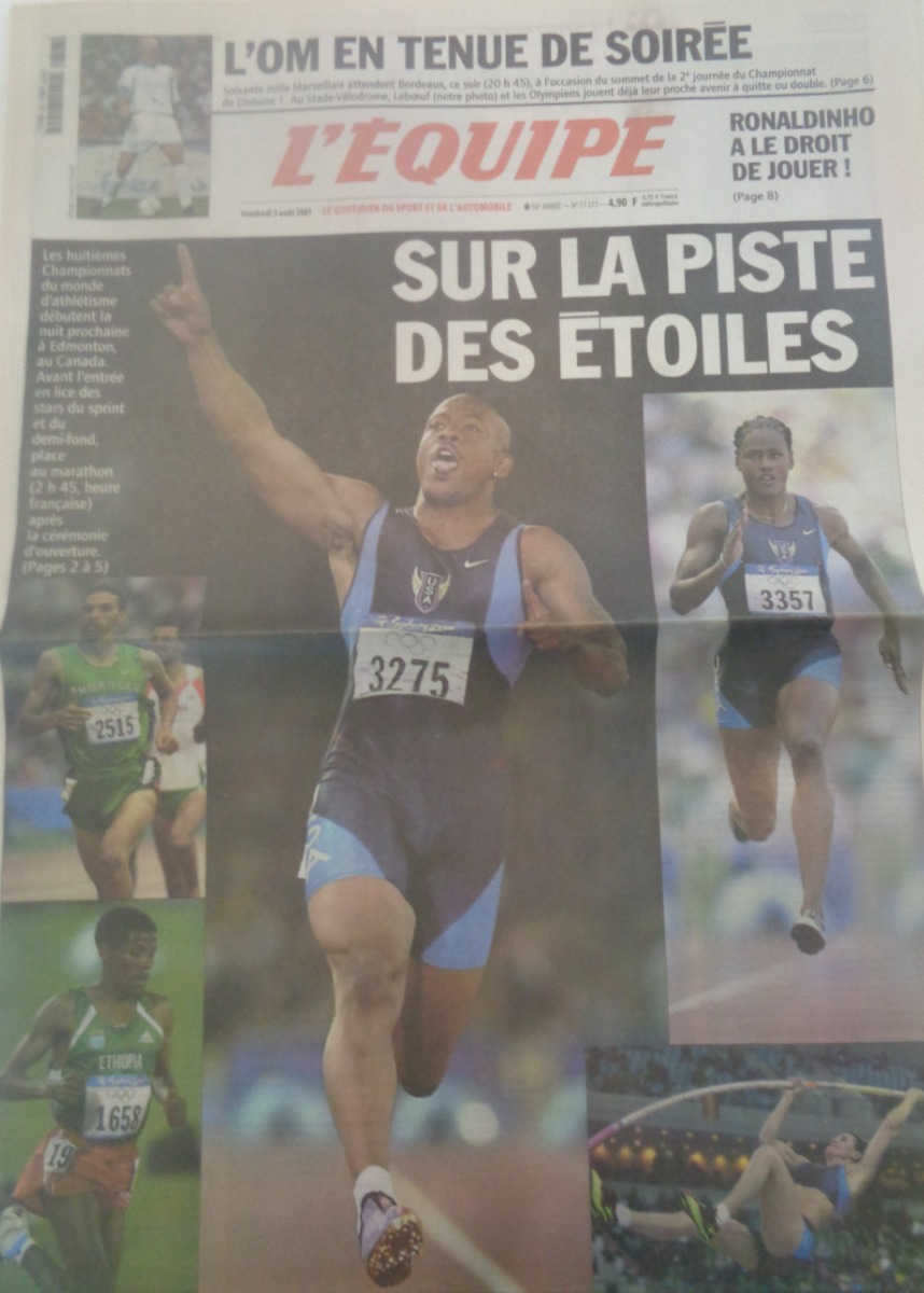 Journal l'équipe 03/08/2001 Sur la piste des étoiles - Championnats du Monde d'athlétisme - Journal L'Équipe authentique - Revue Vintage