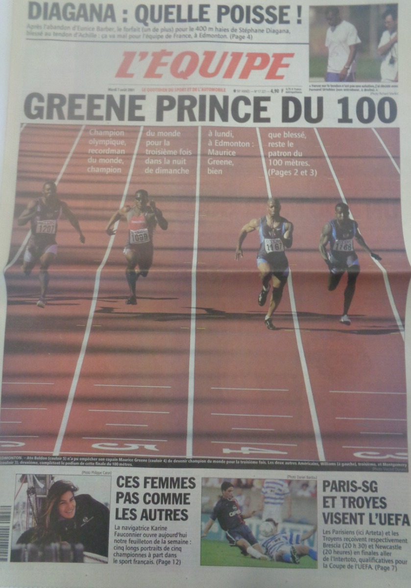 Journal l'équipe 07/08/2001 Greene Prince du 100 mètres  - Championnats du Monde d'athlétisme - Journal L'Équipe authentique - Revue Vintage