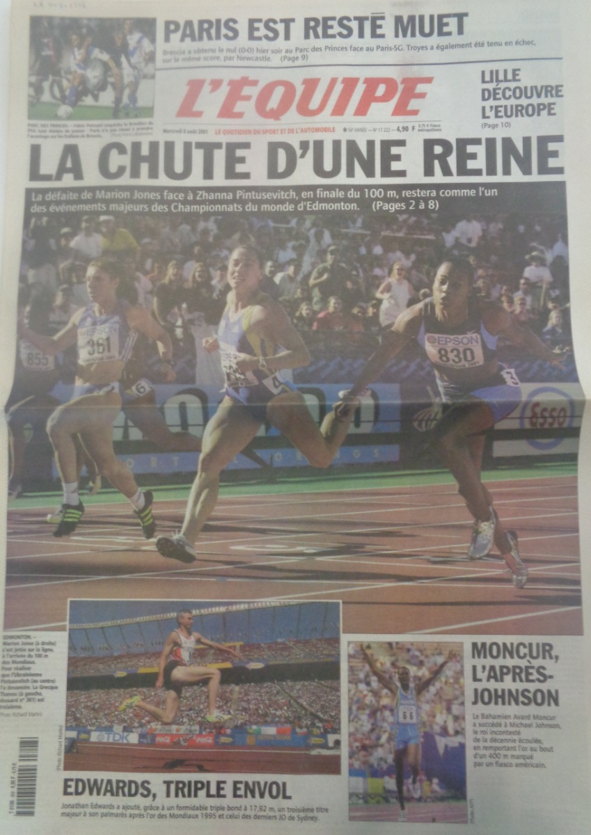Journal l'équipe 07/08/2001 La chute d'une Reine - Marion Jones - Championnats du Monde d'athlétisme - Journal L'Équipe authentique - Revue Vintage