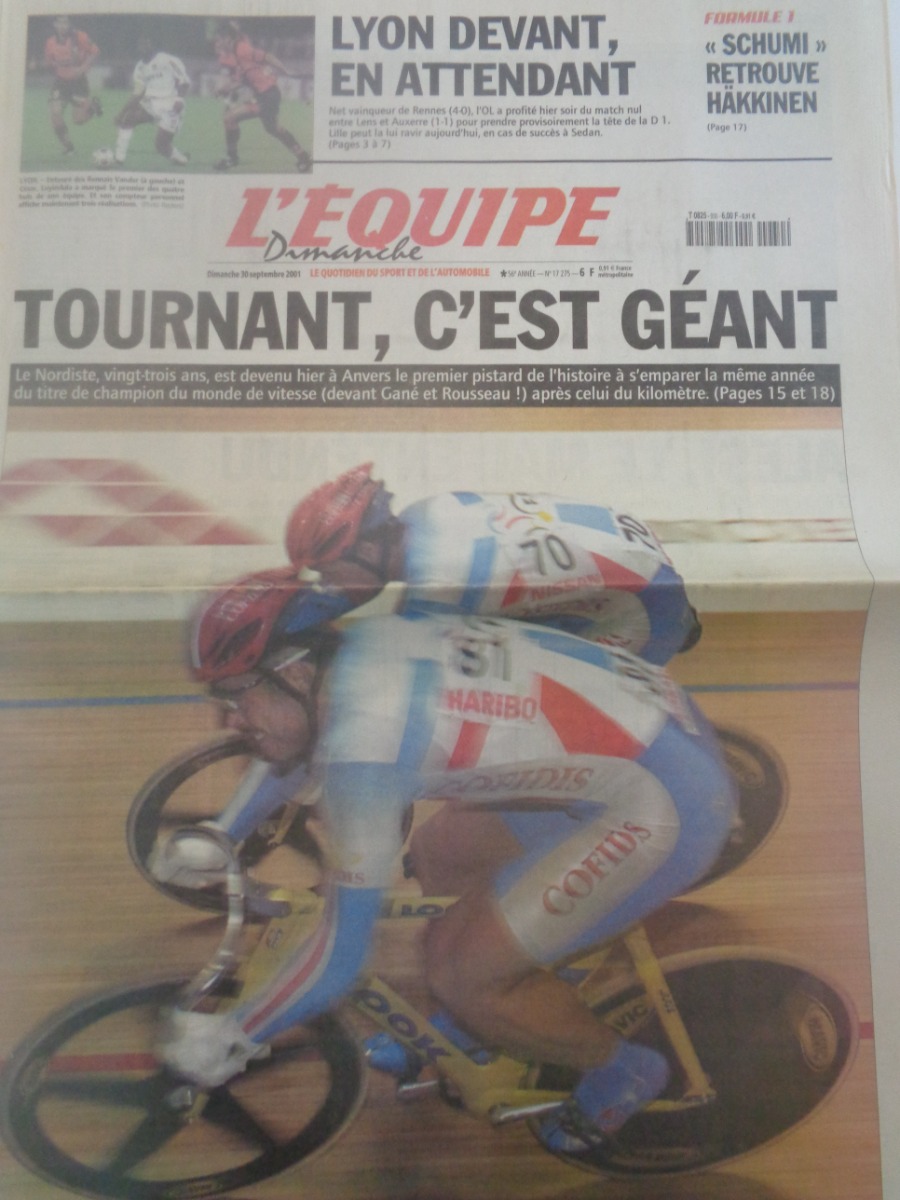 Journal l'équipe 30/09/2001 Arnaud Tournant c'est géant - champions du monde de vitesse - cyclisme - Journal L'Équipe authentique - Revue Vintage