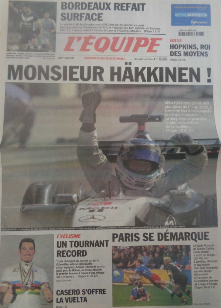 Journal l'équipe 01/10/2001 Monsieur Häkkinen !! remporte le GP d'Indianapolis - Formule 1 - Journal L'Équipe authentique - Revue Vintage