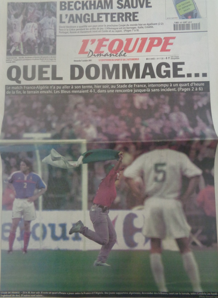 Journal l'équipe 07/10/2001 France / Algérie Quel dommage !!! Football - Journal L'Équipe authentique - Revue Vintage