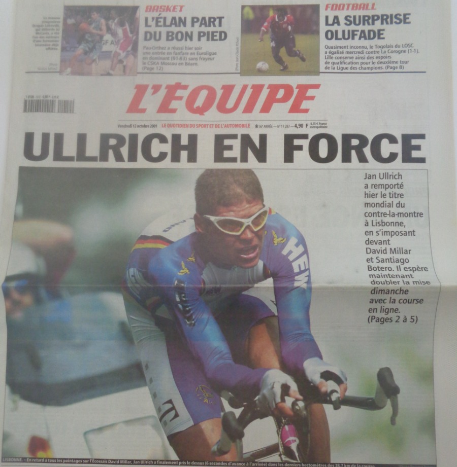 Journal l'équipe 12/10/2001 Jan Ullrich en force remporte le contre la montre des championnats du monde - cyclisme - Journal L'Équipe authentique - Revue Vintage