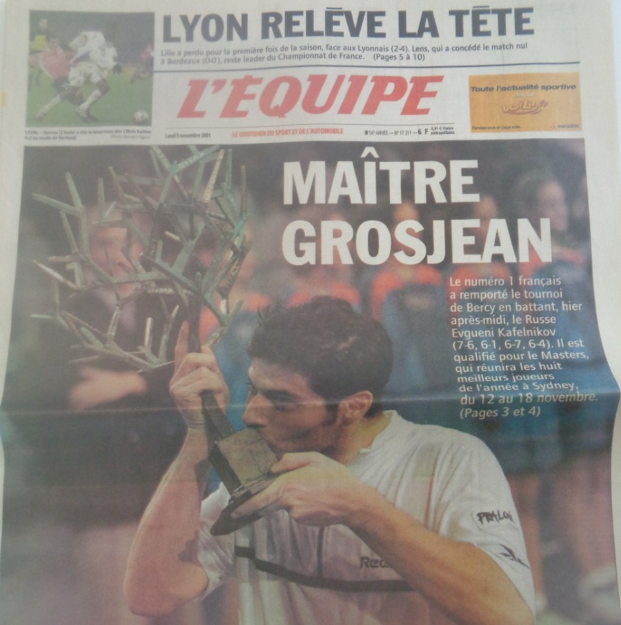 Journal l'équipe 05/11/2001 Maître Grosjean remporte le tournois de Bercy - Tennis - Journal L'Équipe authentique - Revue Vintage