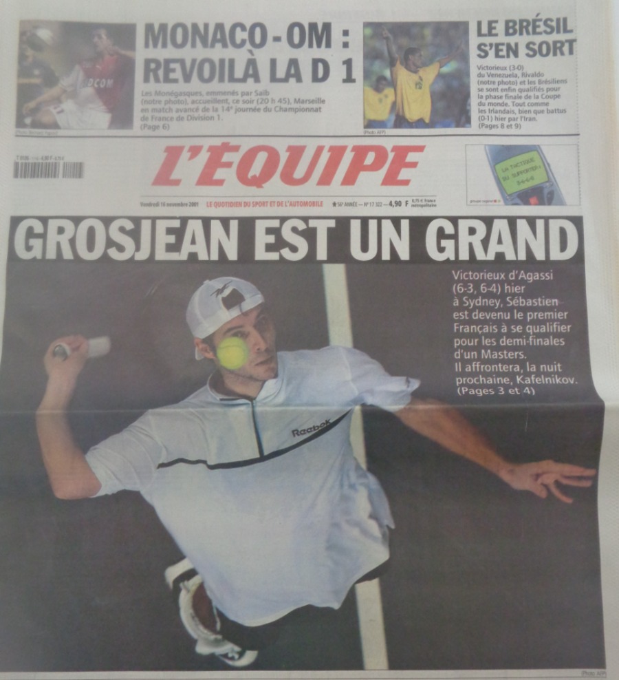 Journal l'équipe 16/11/2001 Grosjean est un grand - Tennis - Journal L'Équipe authentique - Revue Vintage