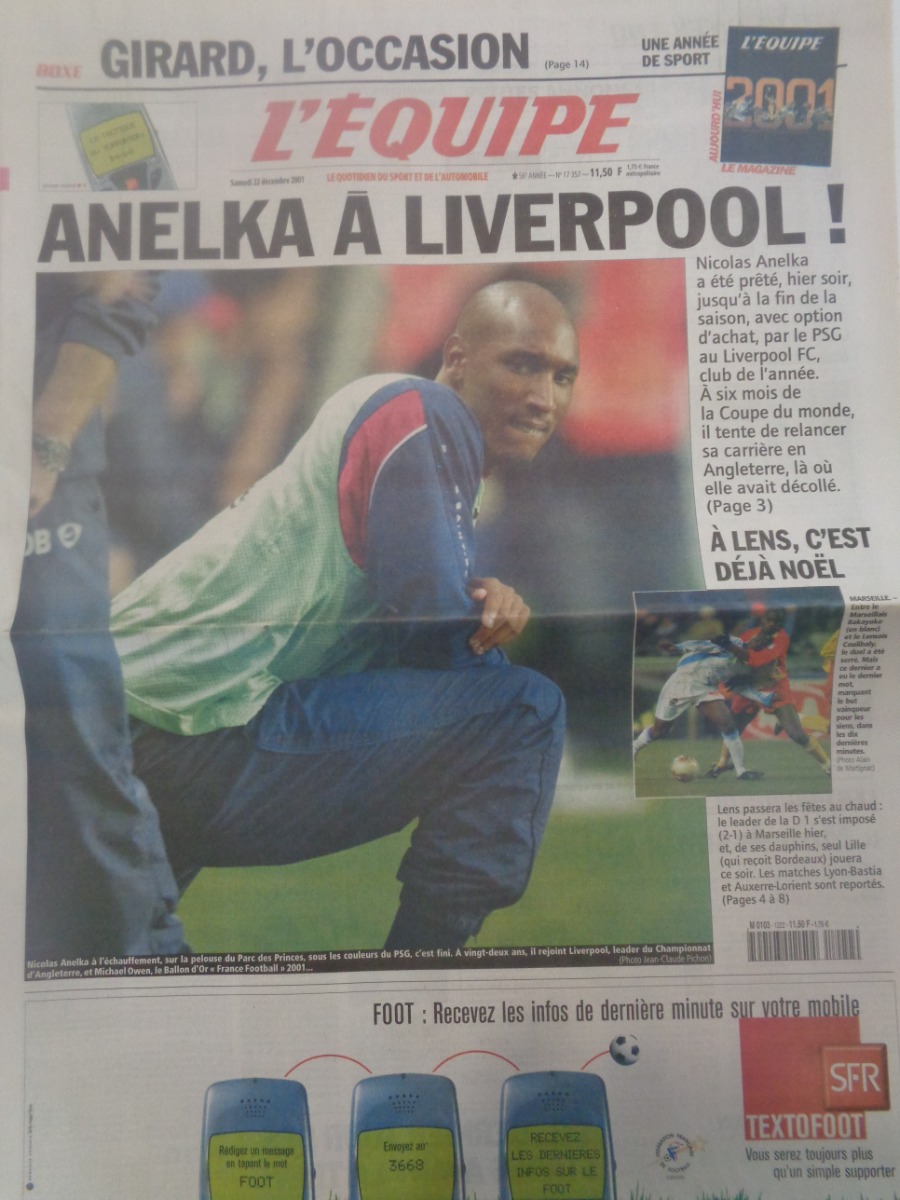 Journal l'équipe 22/12/2001 Anelka a Liverpool !! Football - Football authentique - Revue Vintage