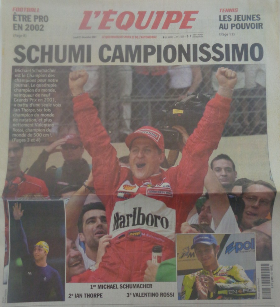 Journal l'équipe 31/12/2001 Schumi Campionissimo - M.Schumacher - Formule 1 - Grand Prix - Journal L'Équipe authentique - Revue Vintage