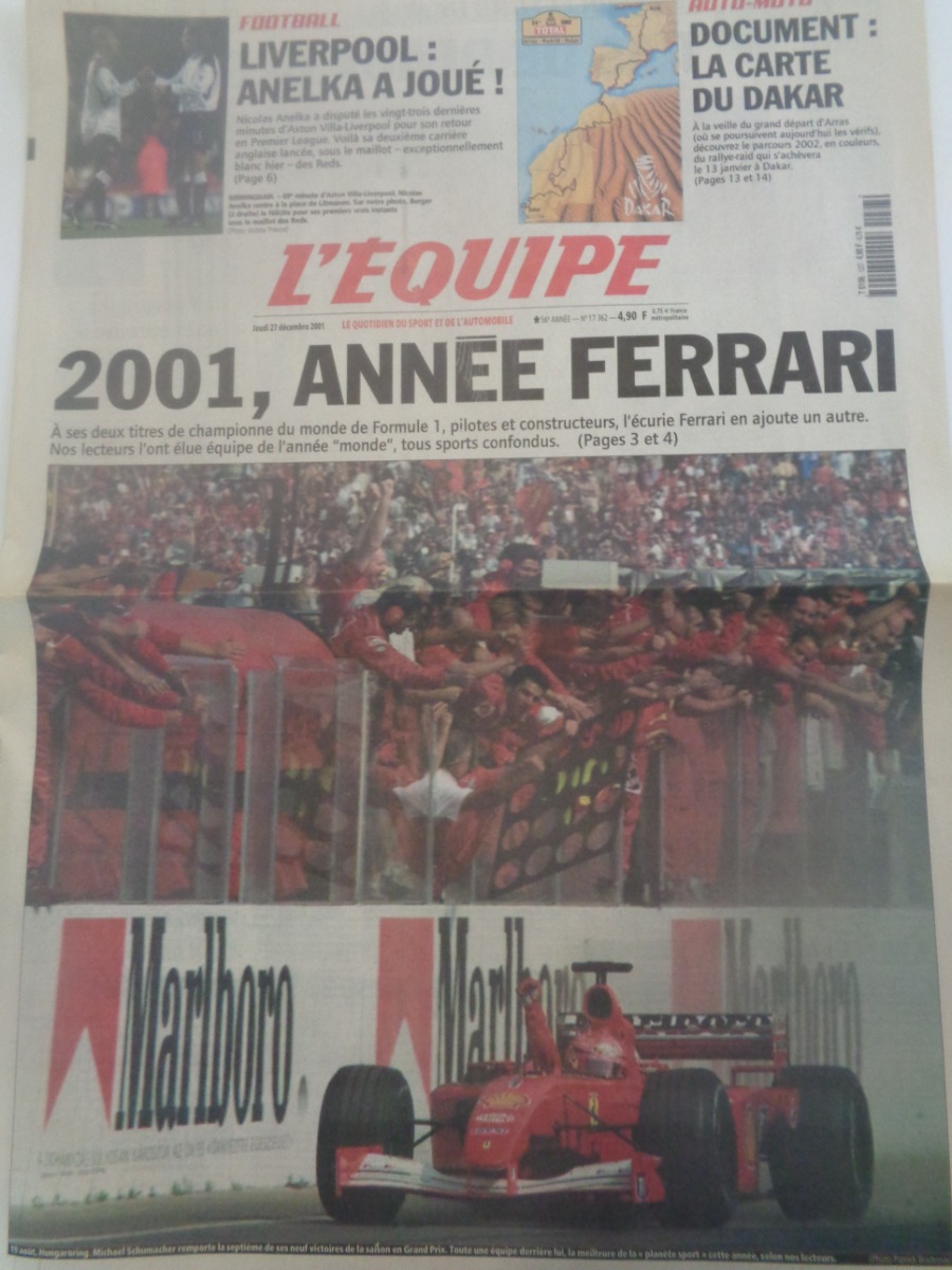 Journal l'équipe 27/12/2001 l'année Ferrari - Formule 1 - Grand prix - Journal L'Équipe authentique - Revue Vintage