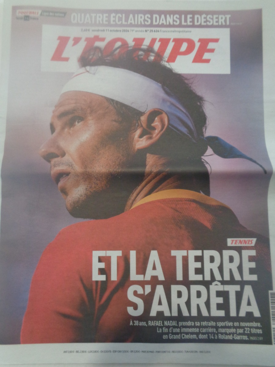 Journal l'équipe 11/10/2024 Et la terre s'arrêta - Rafael Nadal - retraite - Tennis - Journal L'Équipe authentique - Revue Vintage