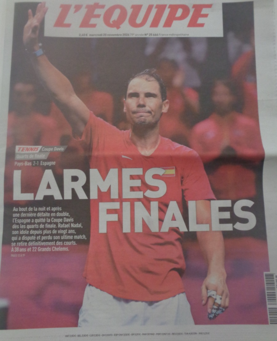 Journal l'équipe 20/11/2024 Larmes Finales - Rafael Nadal - retraite - Tennis - Journal L'Équipe authentique - Revue Vintage
