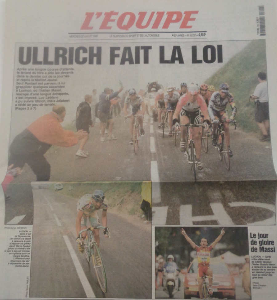 Journal l'équipe 22/07/1998 Ullrich fait la loi - Marco Pantani le pirate - Tour de France - cyclisme - Journal L'Équipe authentique - Revue Vintage