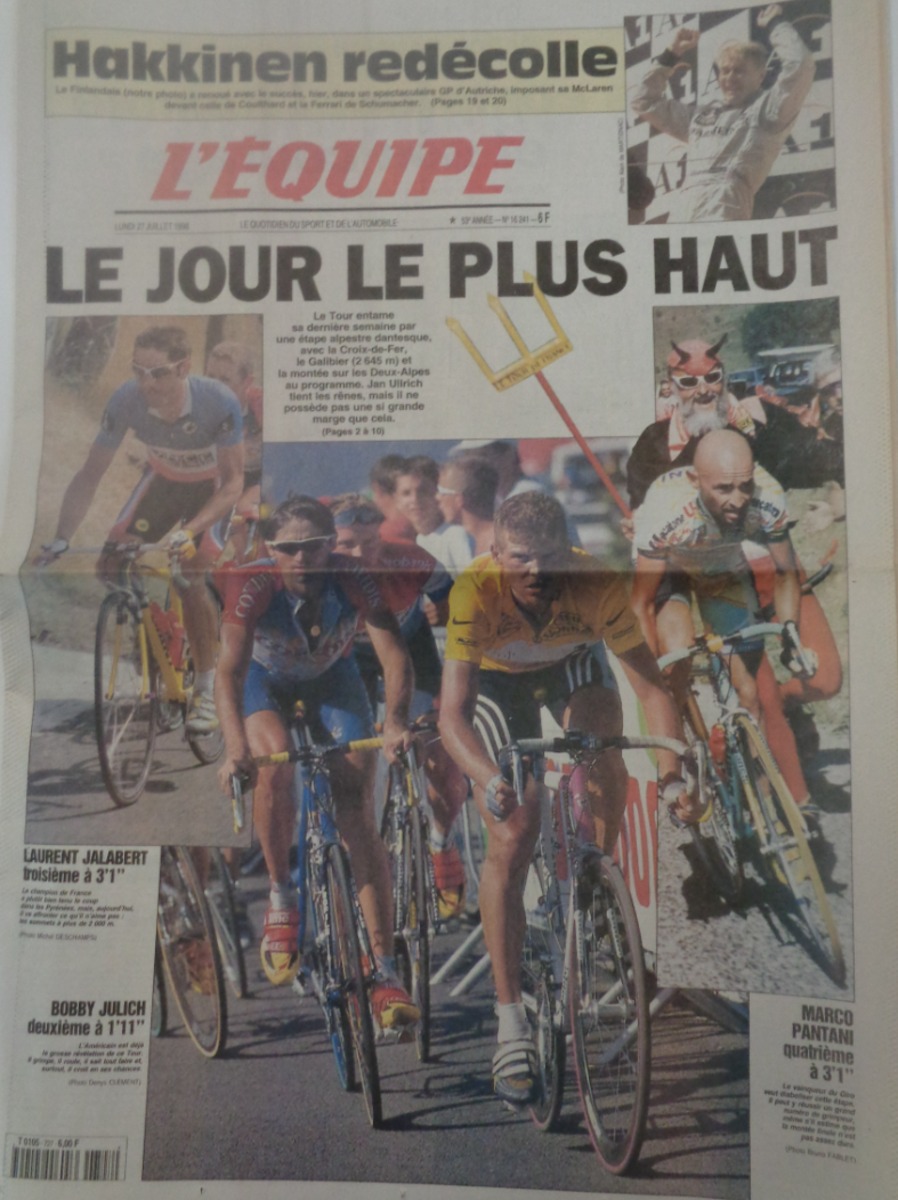 Journal l'équipe 27/07/1998 Le jour le plus haut - Marco Pantani le pirate - Tour de France - cyclisme - Journal L'Équipe authentique - Revue Vintage