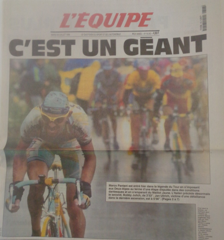 Journal l'équipe 28/07/1998 Marco Pantani c'est un Géant !!! le pirate -Tour de France - cyclisme - Journal L'Équipe authentique - Revue Vintage